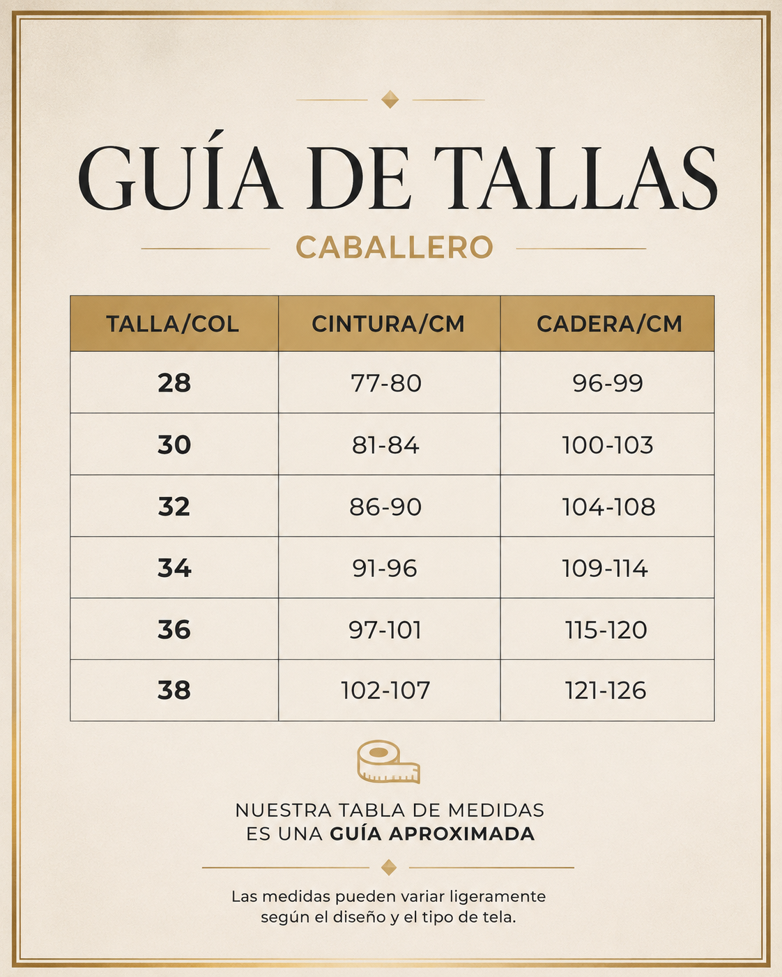 Guía de tallas caballero