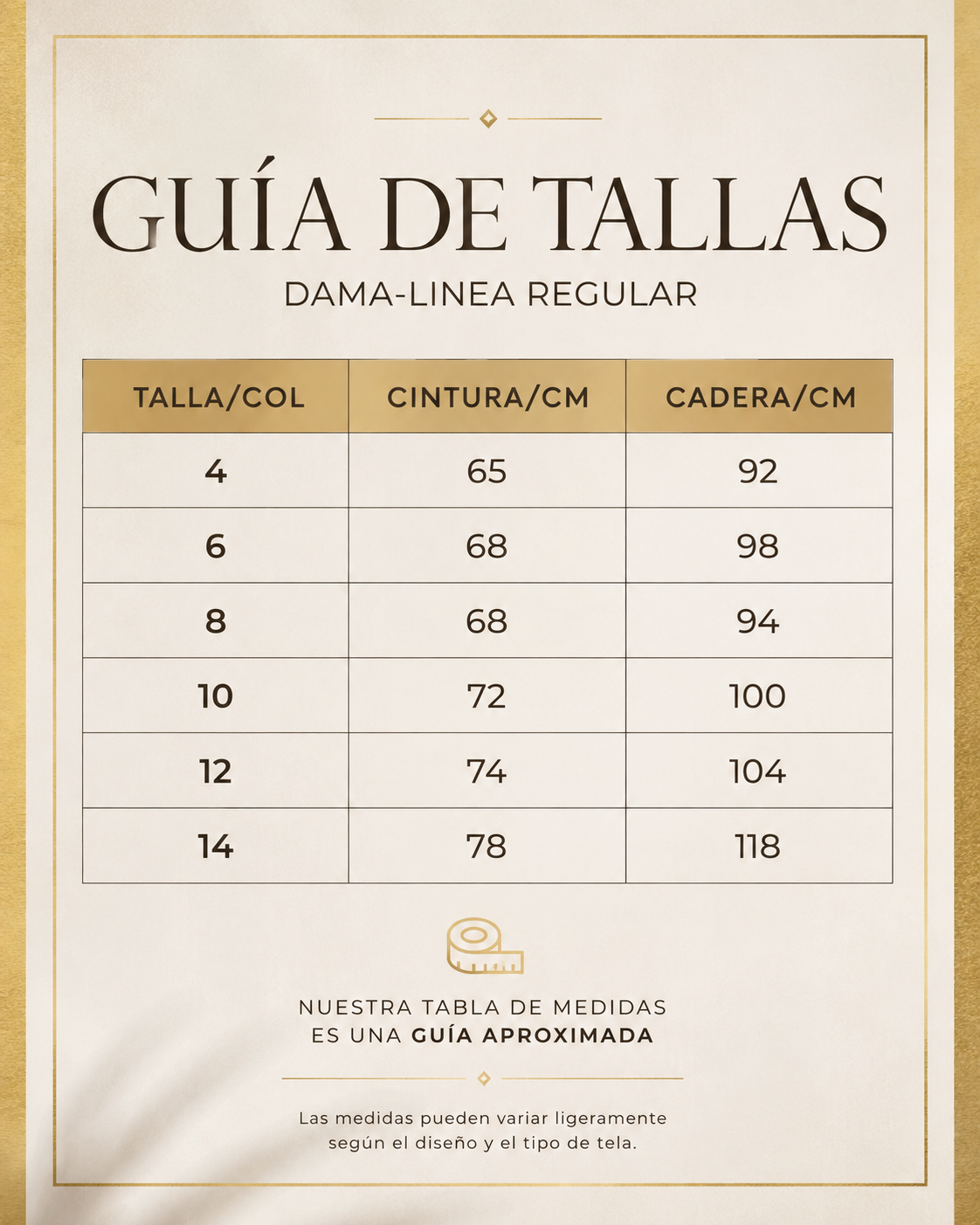 Guía de tallas dama regular